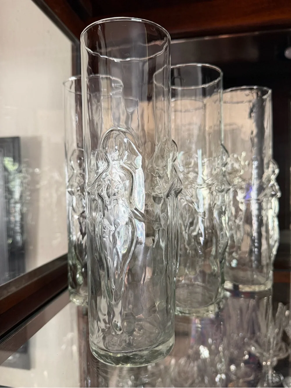 Vintage Clear Textured highball or beer Glasses - 3d women’s body. Set of 6